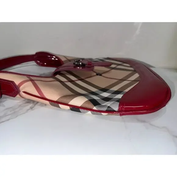 Burberry Nova Check Hobo Bag with Red Patent Trim Shoulder Bags